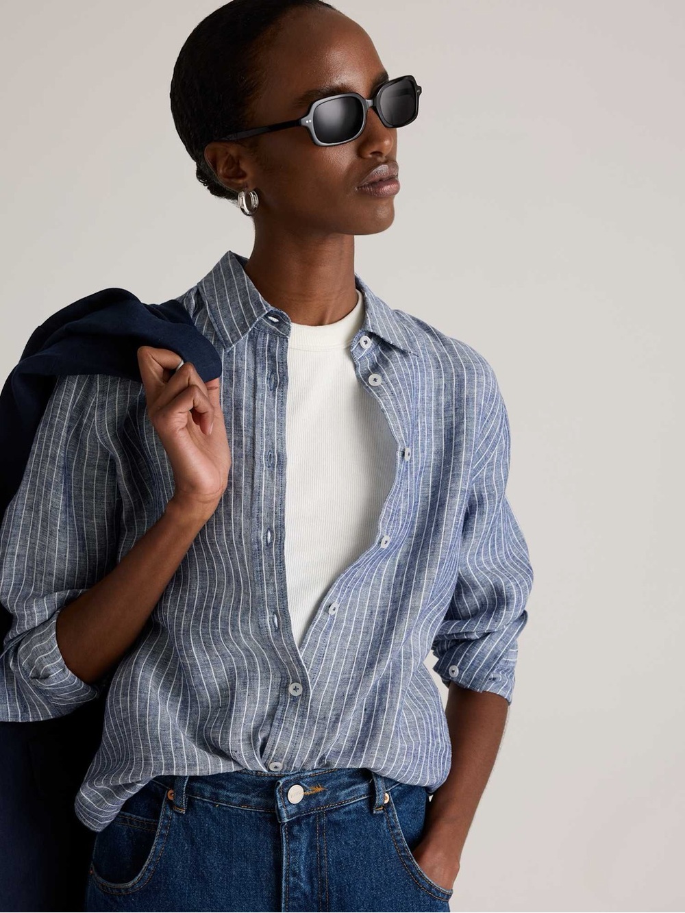 Quince Women’s 100% European Linen Long Sleeve Shirt Chambray Stripe beachy